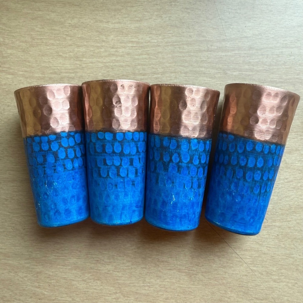 Marquesa de Mancera Copper Shot Glass Set 4pc Blue Hammered Excellent Artisanal - Picture 7 of 10